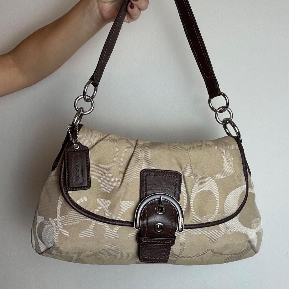 oach Soho Vintage Y2K Brown and Beige Signature Canvas and Leather Shoulder Bag